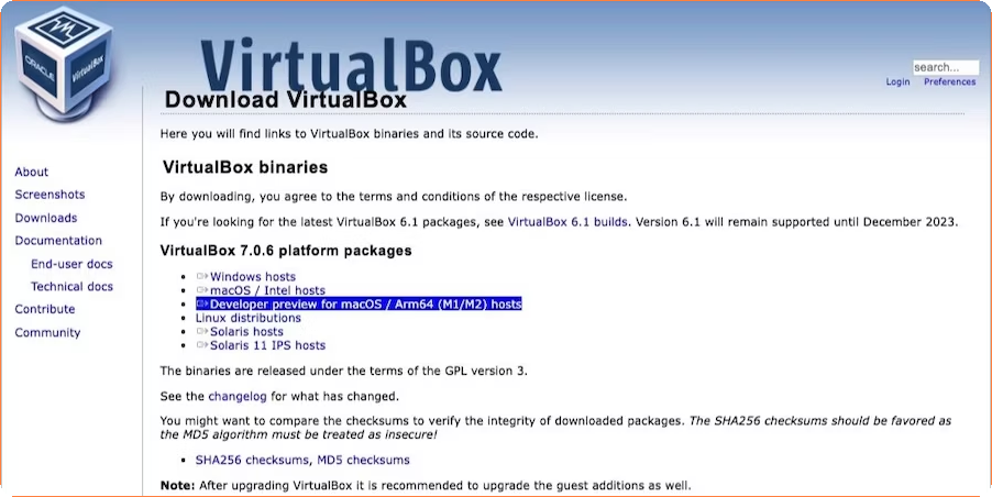VirtualBox下载页面