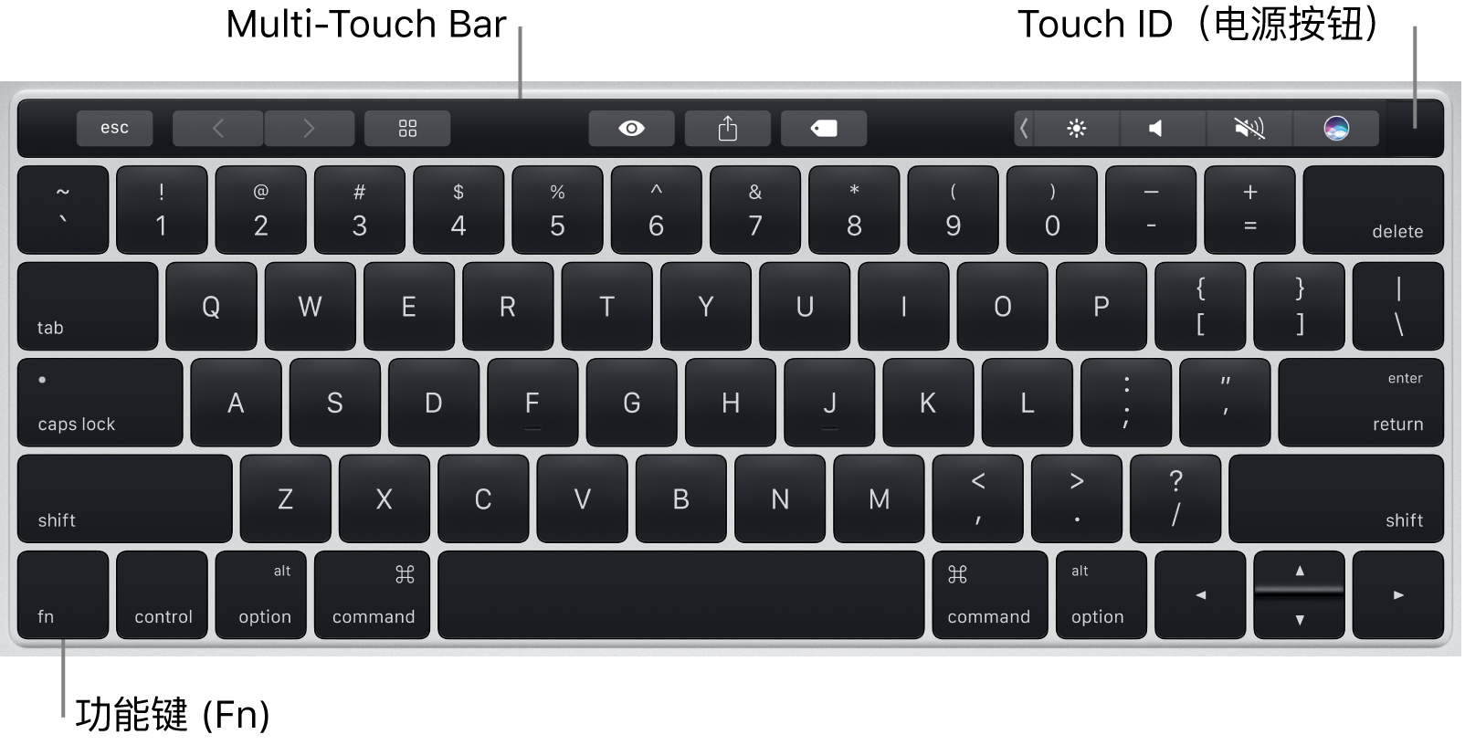 1MacBook Pro 键盘，显示 Multi-Touch Bar、Touch ID（电源按钮）以及左下角的 Fn 功能键
