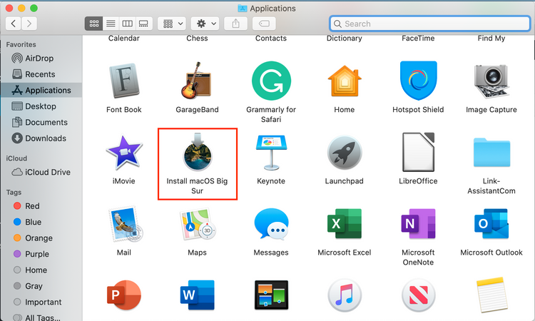 在Applications文件夹中安装macOS Big Sur app