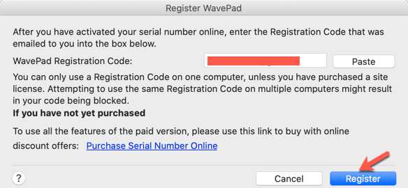 点击Register WavePad 界面的“Paste”按钮粘贴上去激活信息，最后点击“Register”按钮即可。